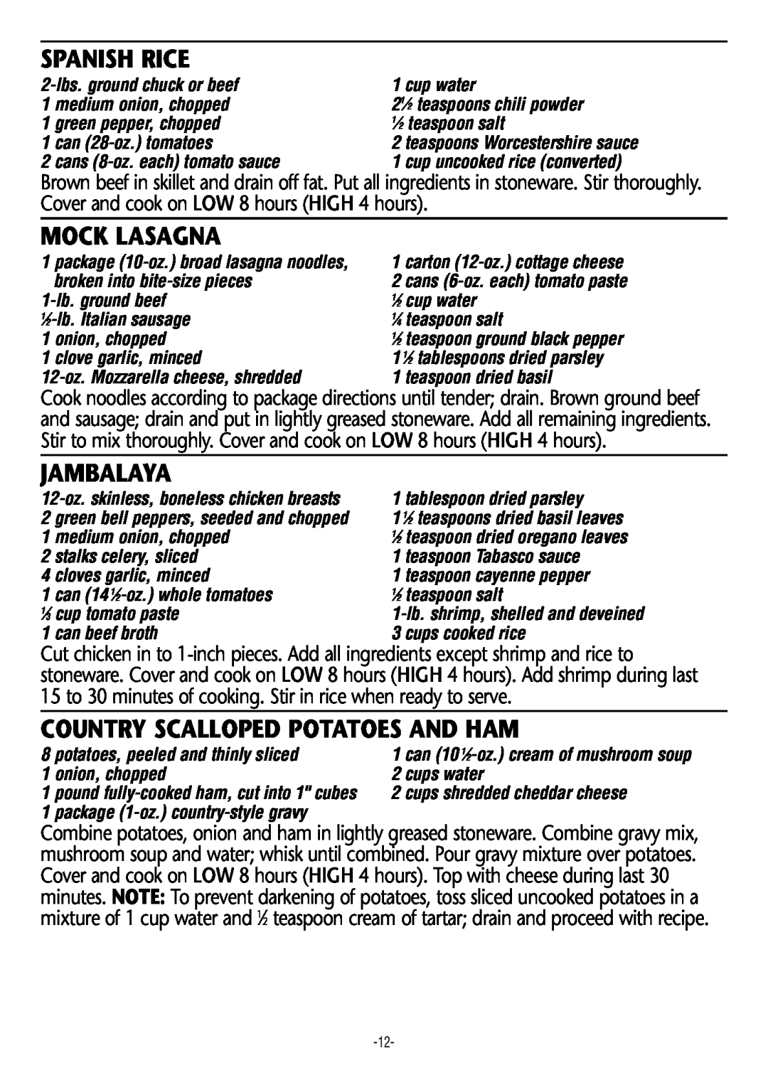 Rival 3850, 3860, 3855, 3845 manual Spanish Rice, Mock Lasagna, Jambalaya, Country Scalloped Potatoes And Ham 