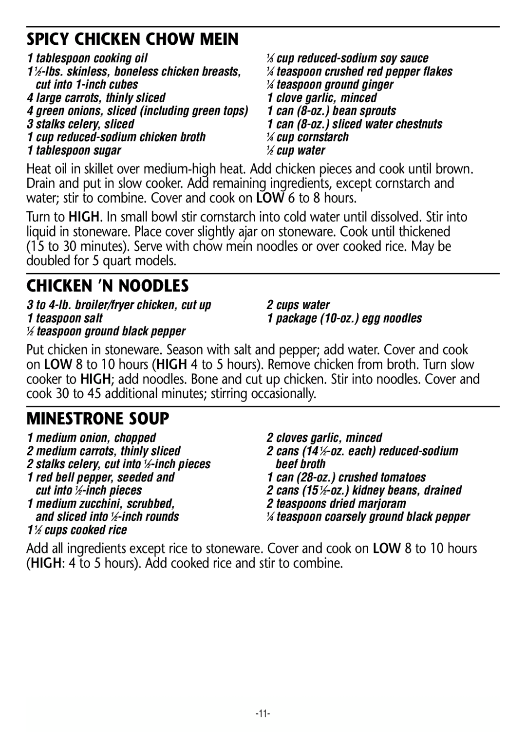 Rival 3145, 3950, 3164, 3355, 3670, 3140, 3656, 3351 manual Spicy Chicken Chow Mein, Chicken ’N Noodles, Minestrone Soup 