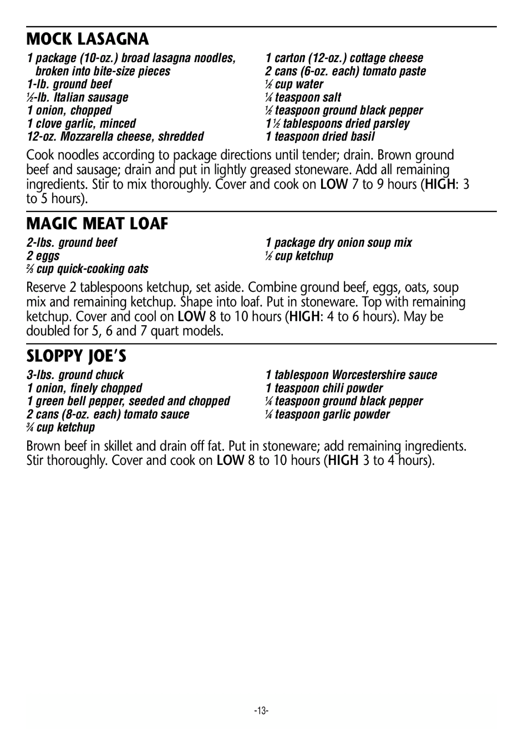 Rival 3140, 3950, 3164, 3355, 3145, 3670, 3656, 3351 manual Mock Lasagna, Magic Meat Loaf, Sloppy JOE’S 