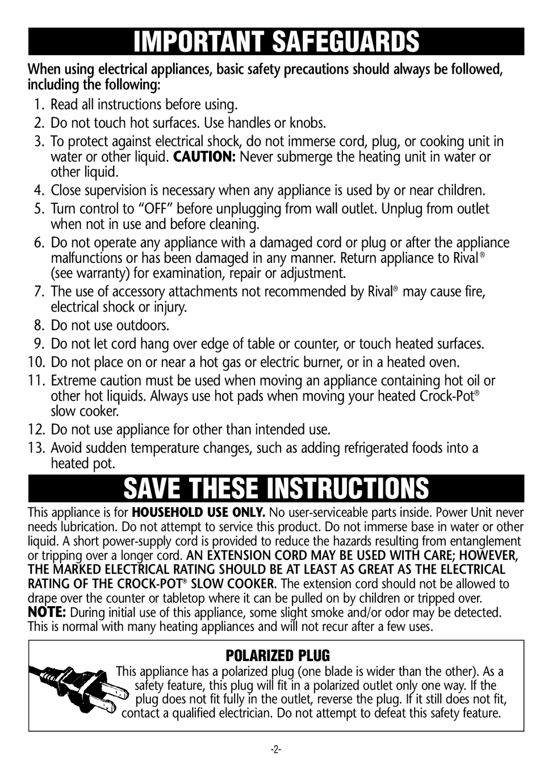 Rival 3355, 3950, 3164, 3145, 3670, 3140, 3656, 3351 manual Important Safeguards, Polarized Plug 