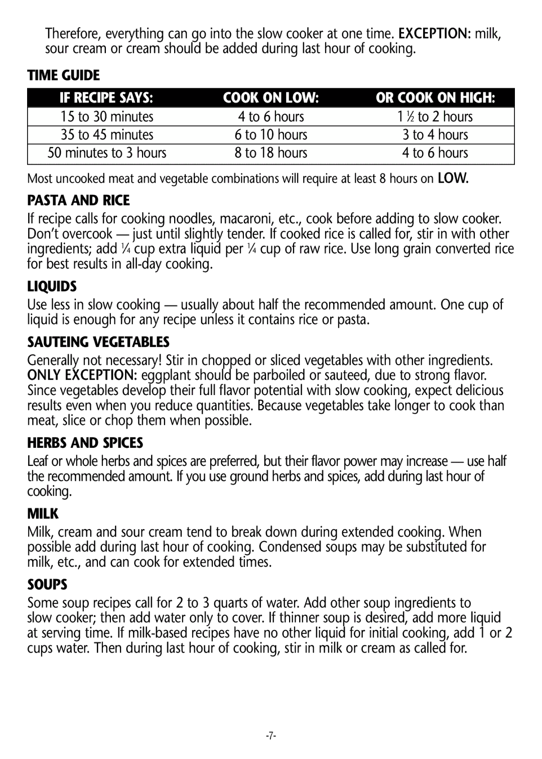 Rival 3351, 3950, 3164, 3355, 3145 Time Guide, Pasta and Rice, Liquids, Sauteing Vegetables, Herbs and Spices, Milk, Soups 