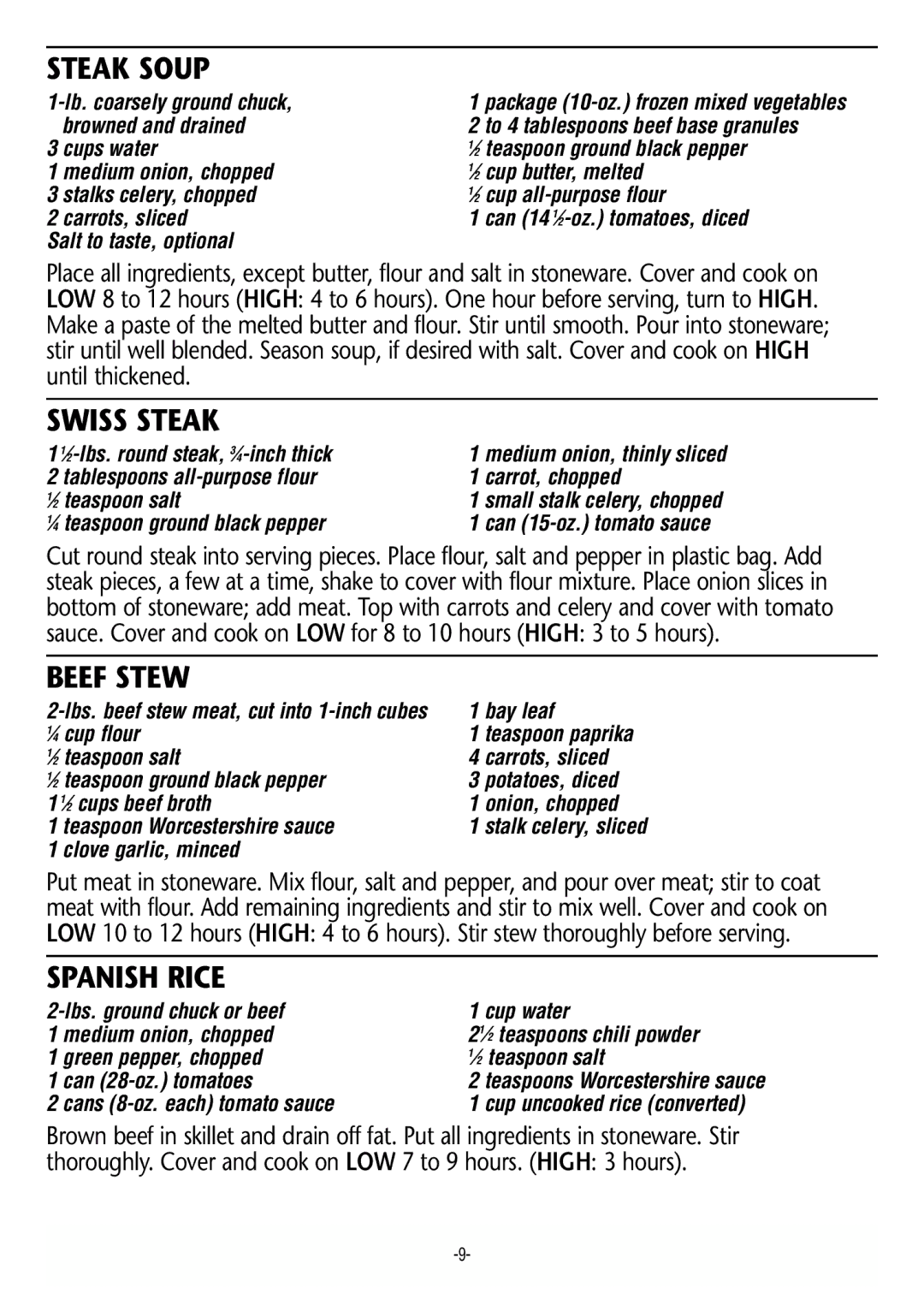 Rival 3164, 3950, 3355, 3145, 3670, 3140, 3656, 3351 manual Steak Soup, Swiss Steak, Beef Stew, Spanish Rice 