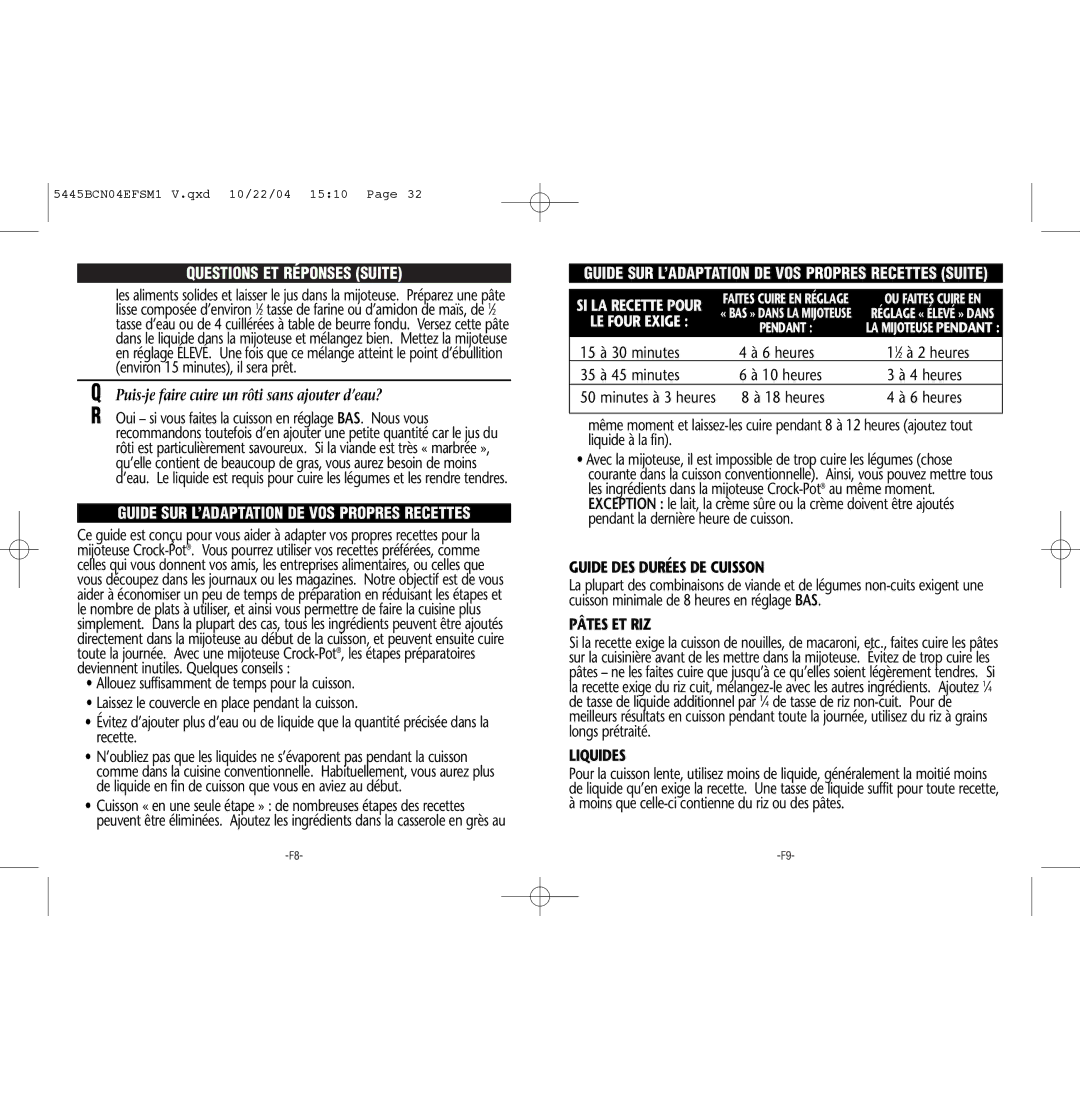 Rival 5445 BCN manual Guide DES Durées DE Cuisson, Pâtes ET RIZ, Liquides 