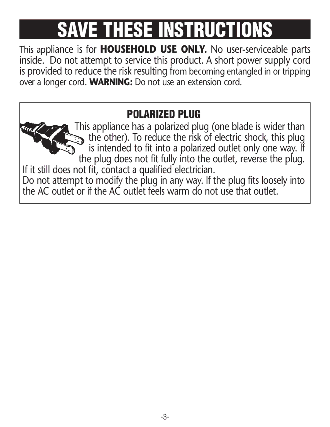 Rival BD250 manual Polarized Plug, If it still does not fit, contact a qualified electrician 