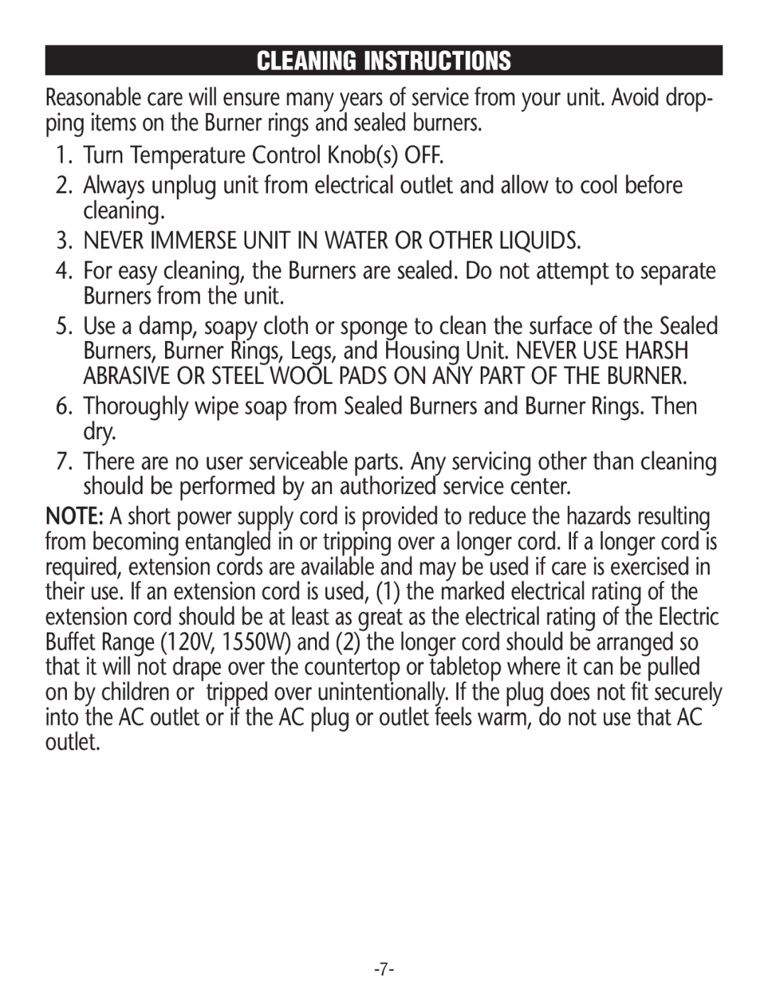 Rival BD250 manual Cleaning Instructions, Never Immerse Unit in Water or Other Liquids 