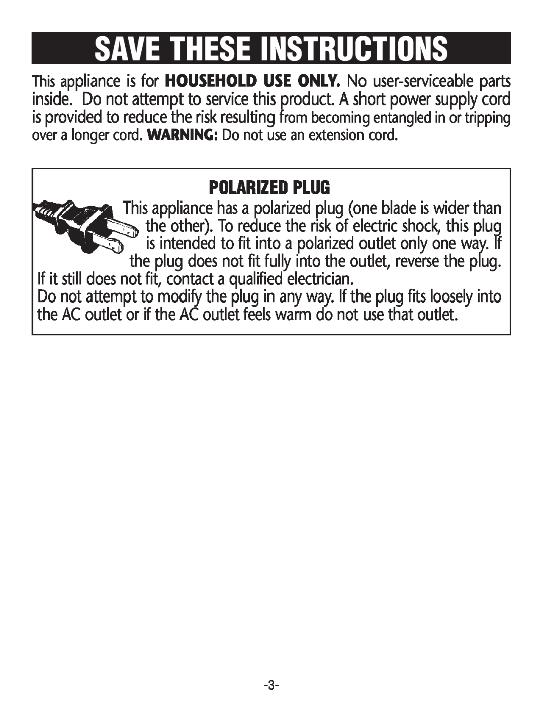 Rival BD250 manual Save These Instructions, Polarized Plug 