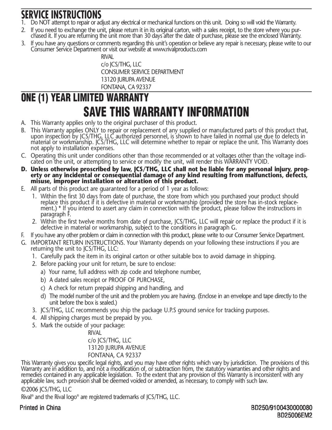 Rival BD250 manual Service Instructions, ONE 1 YEAR LIMITED WARRANTY, Save This Warranty Information 