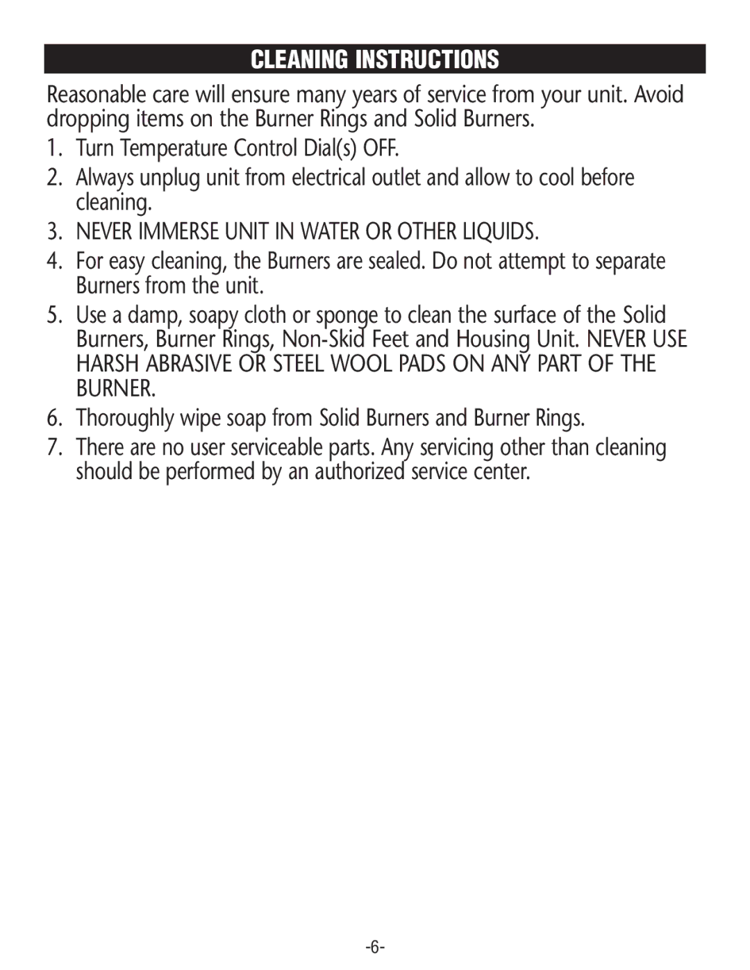 Rival BD275 manual Cleaning Instructions, Never Immerse Unit in Wateror Other Liquids 