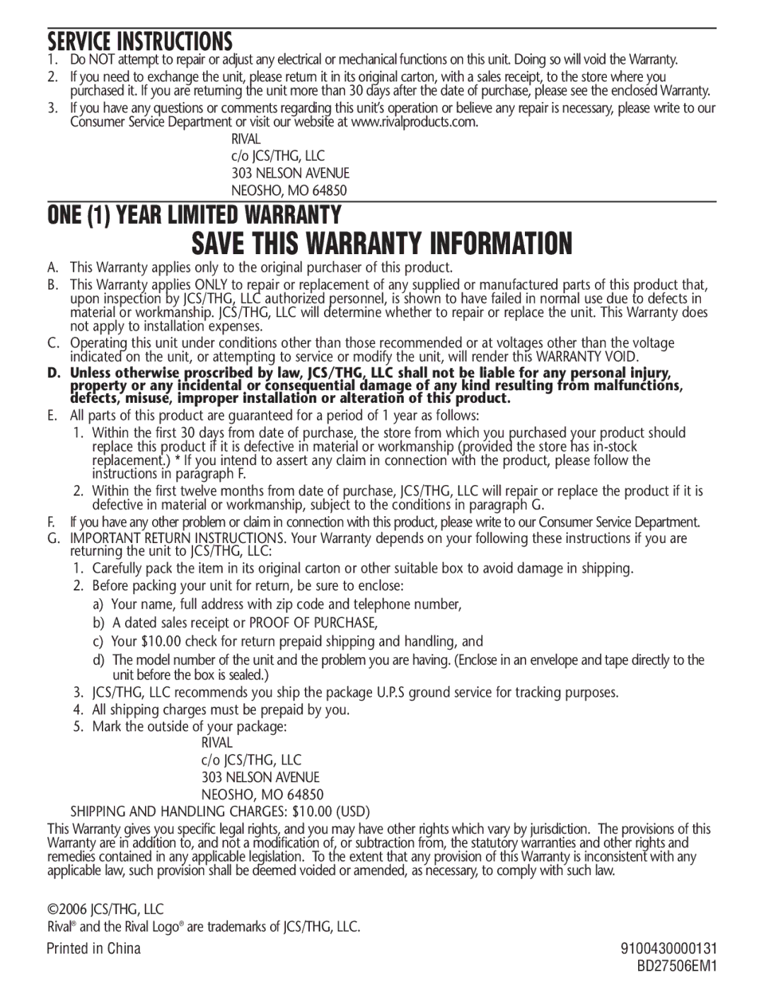 Rival BD275 manual Service Instructions, ONE 1 Year Limited Warranty 