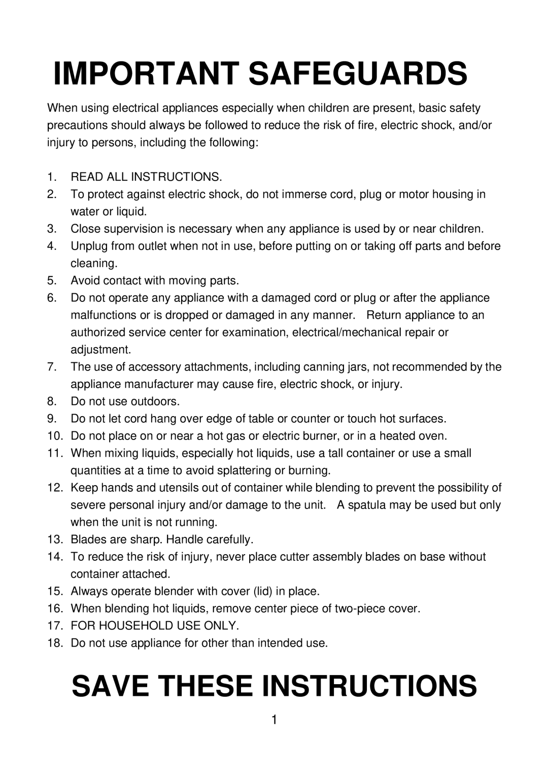 Rival BL-706 manual Important Safeguards 