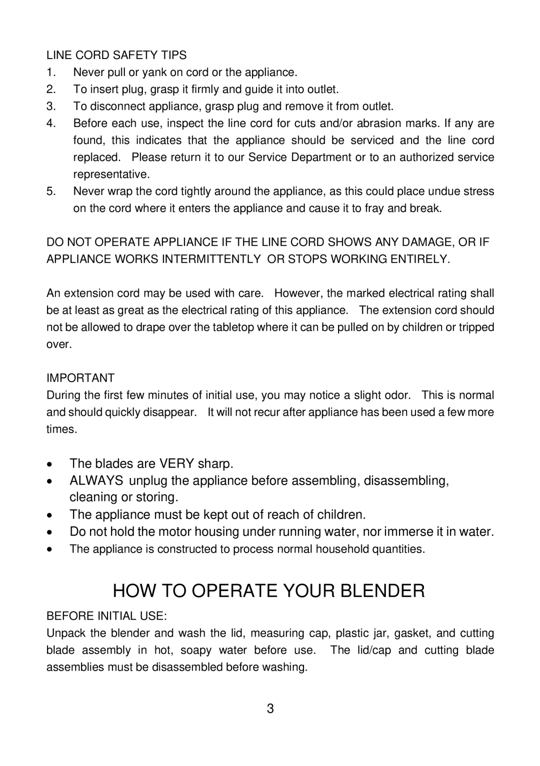 Rival BL-706 manual HOW to Operate Your Blender, Line Cord Safety Tips, Before Initial USE 