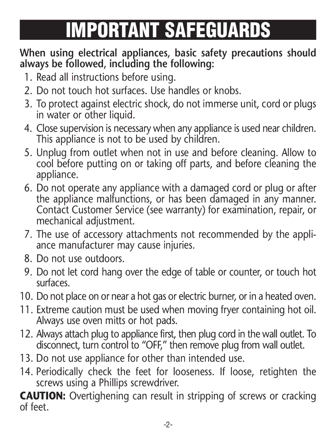 Rival CF106-W manual Important Safeguards 