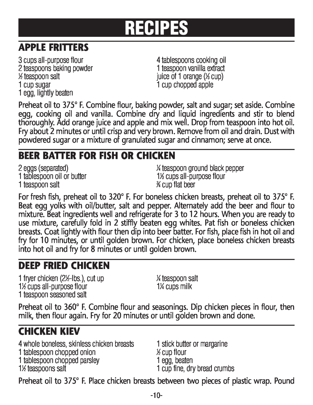 Rival CF106-W manual Recipes, Apple Fritters, Beer Batter For Fish Or Chicken, Deep Fried Chicken, Chicken Kiev 