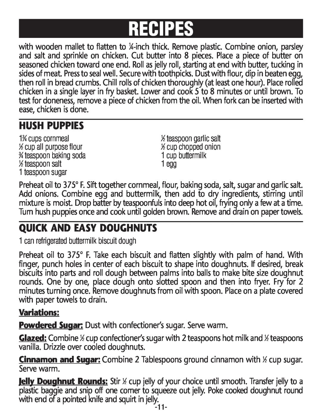 Rival CF106-W manual Hush Puppies, Quick And Easy Doughnuts, Recipes, Variations 