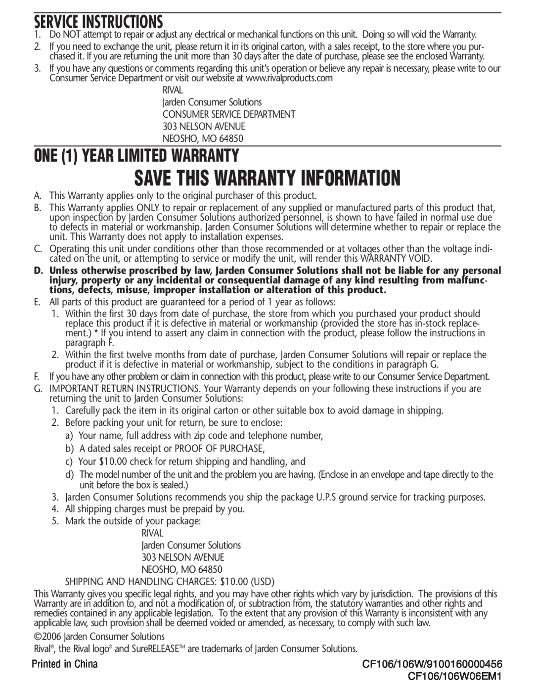 Rival CF106-W manual Service Instructions, ONE 1 YEAR LIMITED WARRANTY, Save This Warranty Information 