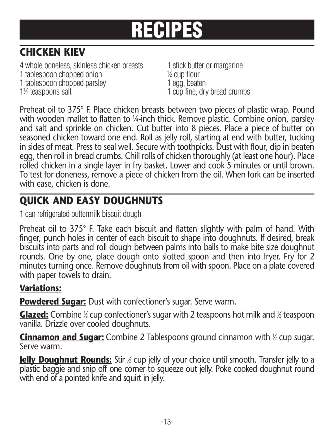 Rival CF154 manual Chicken Kiev, Quick and Easy Doughnuts 