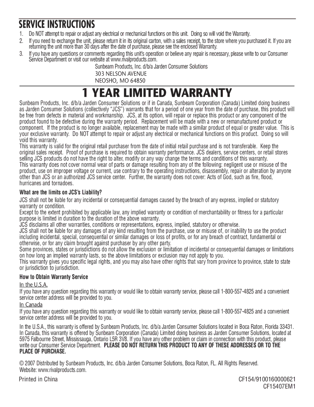 Rival CF154 manual Year Limited Warranty, Service Instructions 