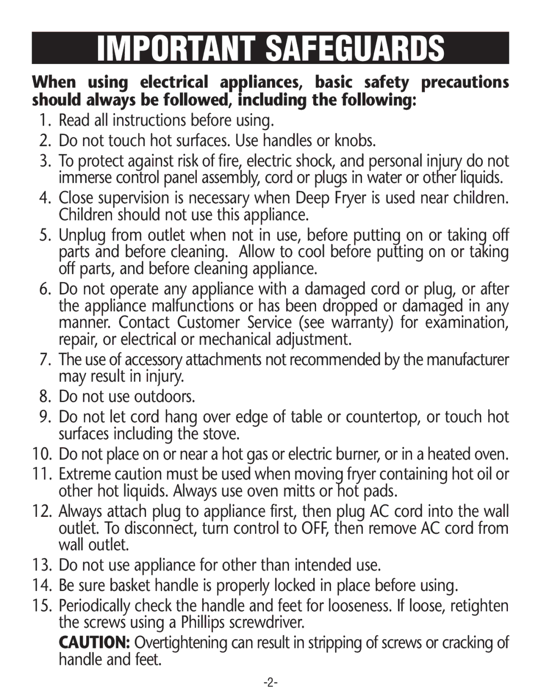 Rival CF154 manual Important Safeguards 