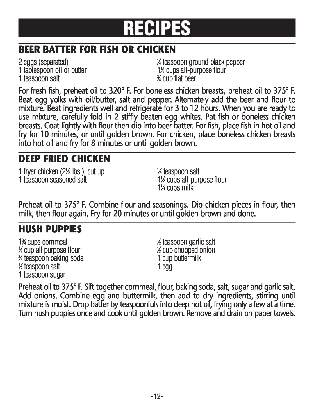 Rival CF154 manual Recipes, Beer Batter For Fish Or Chicken, Deep Fried Chicken, Hush Puppies 