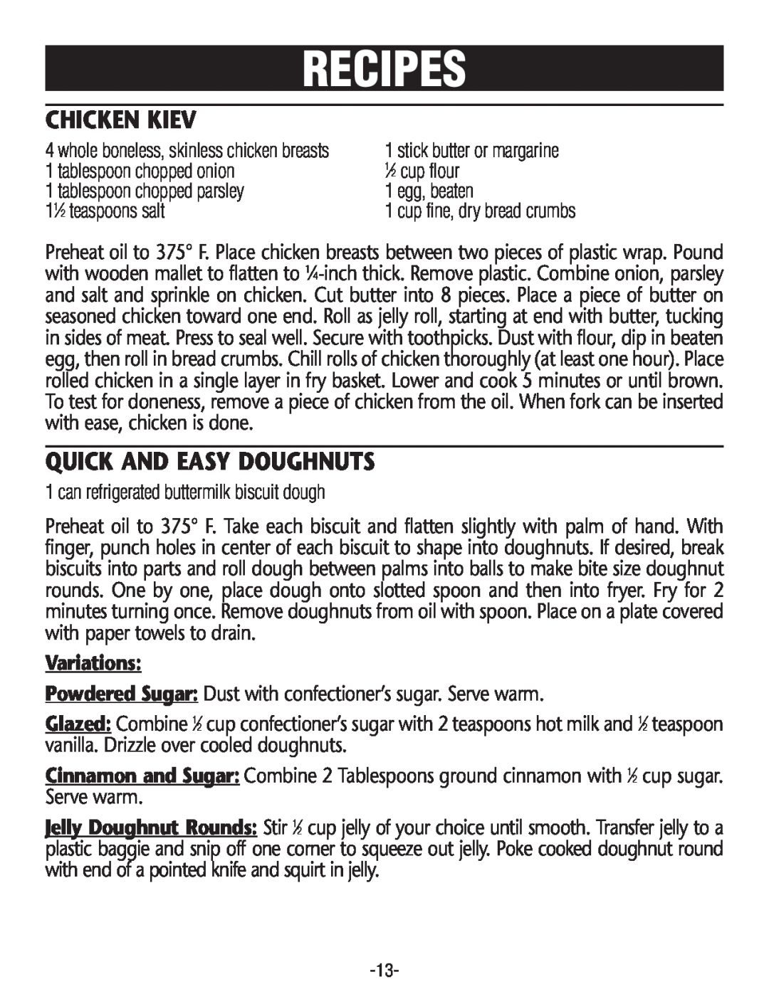 Rival CF154 manual Chicken Kiev, Quick And Easy Doughnuts, Recipes, Variations 