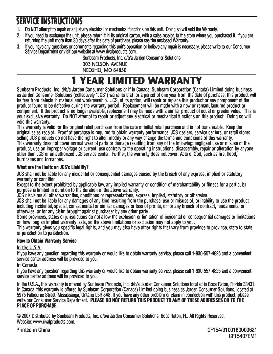 Rival CF154 manual Service Instructions, Year Limited Warranty, What are the limits on JCS’s Liability?, Place Of Purchase 