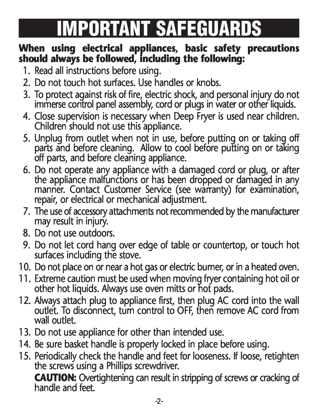 Rival CF154 manual Important Safeguards 
