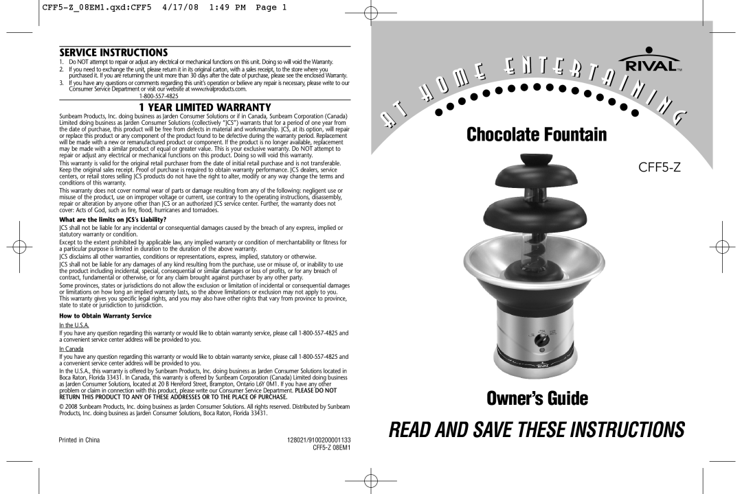 Rival CFF5-Z 08EM1 warranty Service Instructions, Year Limited Warranty 