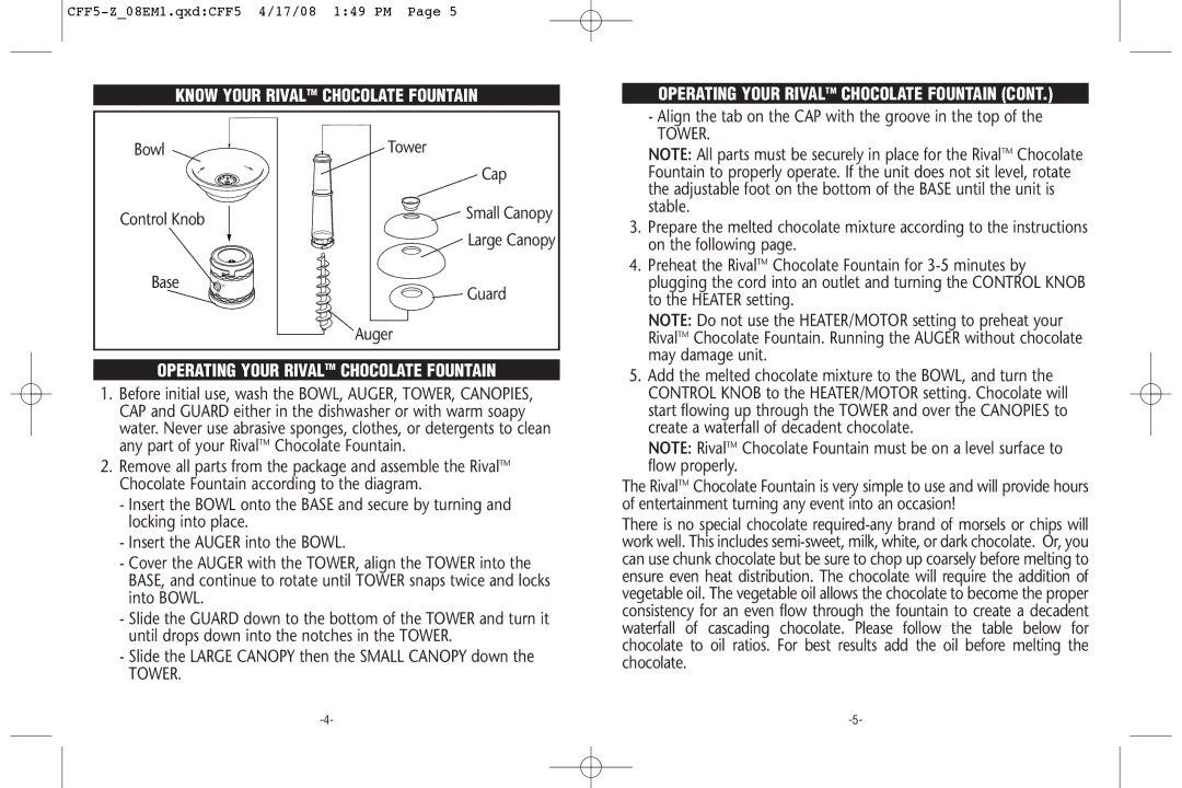 Rival CFF5-Z 08EM1 warranty Know Your Rival TM Chocolate Fountain, Bowl Tower Cap Control Knob, Base Guard Auger 