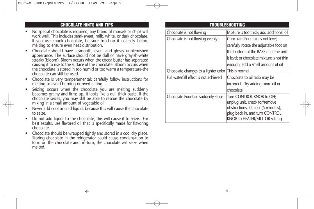 Rival CFF5-Z 08EM1 warranty Chocolate Hints and Tips, Troubleshooting 