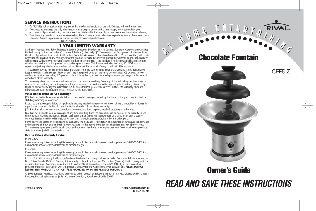 Rival CFF5-Z 08EM1 warranty Service Instructions, Year Limited Warranty, Chocolate Fountain, Owner’s Guide 