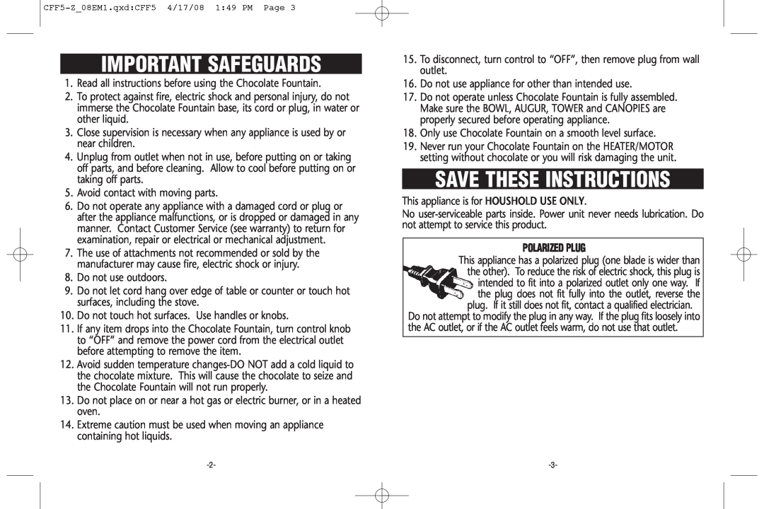 Rival CFF5-Z 08EM1 warranty Important Safeguards, Save These Instructions, Polarized Plug 