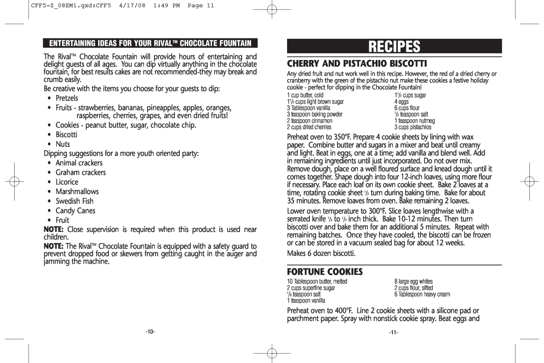 Rival CFF5-Z 08EM1 warranty Recipes, Cherry And Pistachio Biscotti, Fortune Cookies 