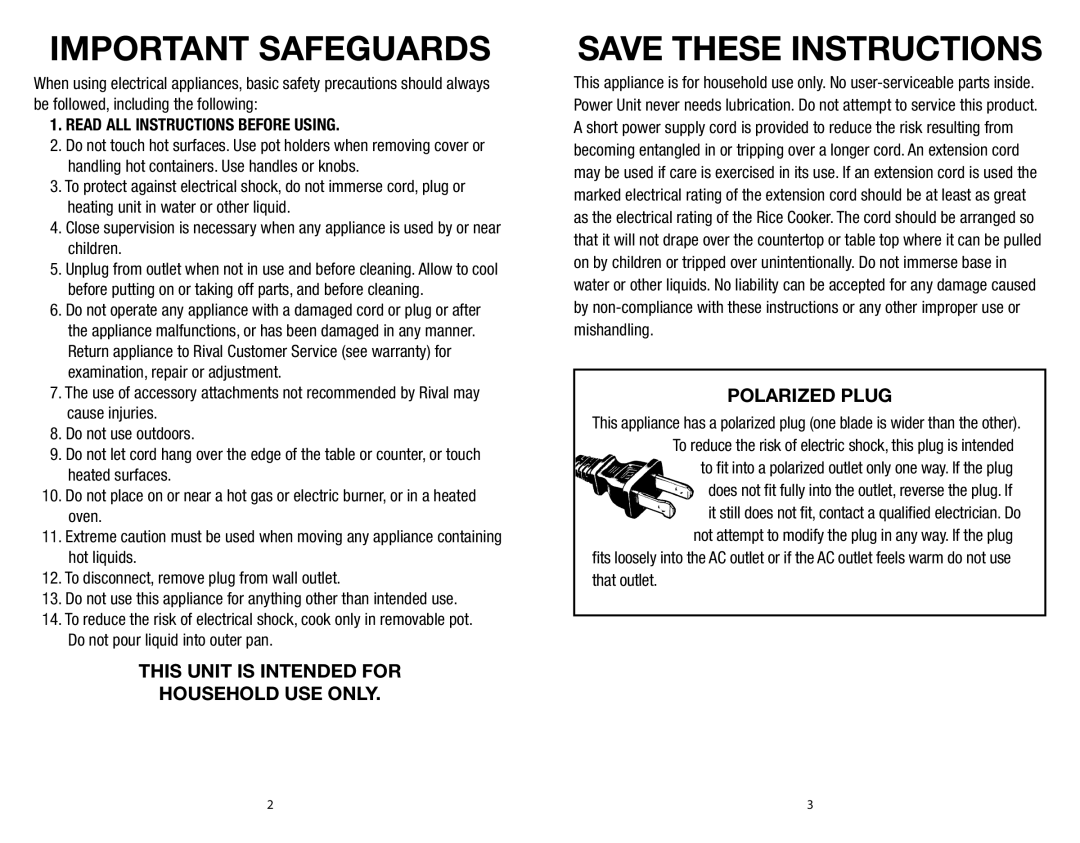 Rival CKRVRCM063, CKRVRCM061 warranty Important Safeguards, Polarized Plug 