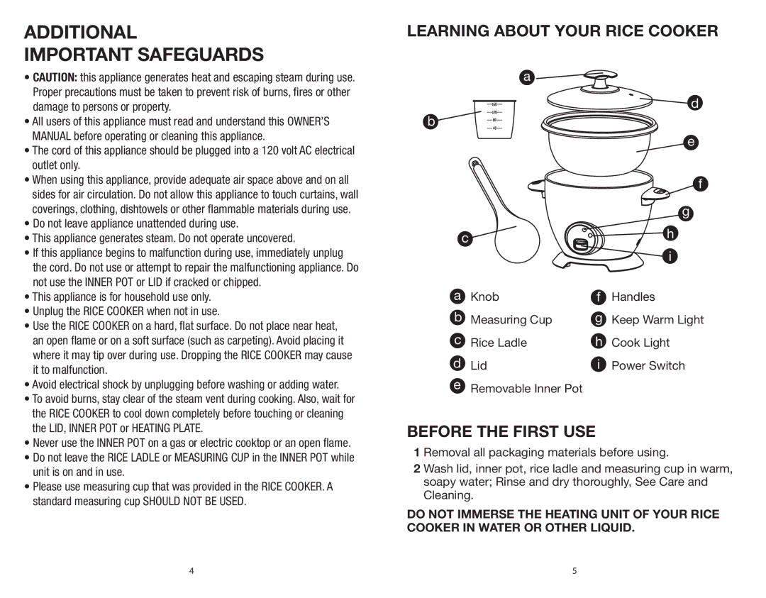 Rival CKRVRCM061, CKRVRCM063 warranty Learning about your Rice Cooker, Before the First Use 