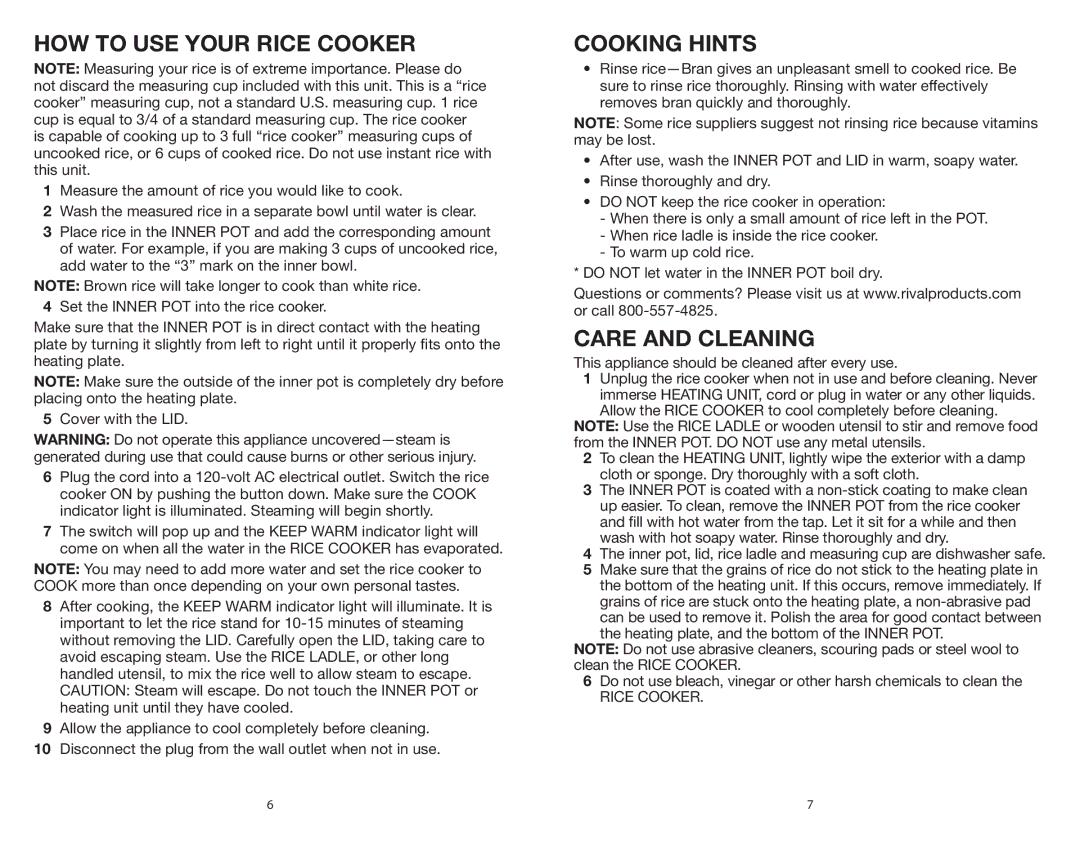 Rival CKRVRCM063, CKRVRCM061 warranty How to use your rice cooker, Cooking Hints, Care and Cleaning 