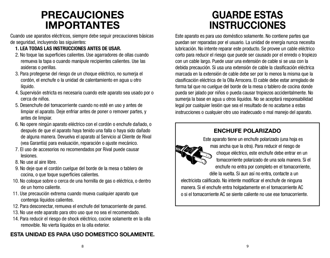 Rival CKRVRCM061 warranty Precauciones Importantes, Guarde Estas Instrucciones, Esta Unidad ES Para USO Domestico Solamente 