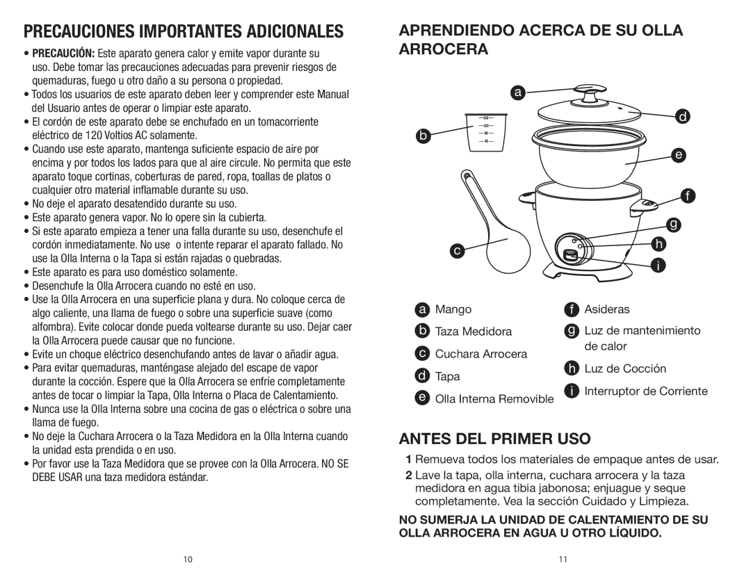 Rival CKRVRCM063, CKRVRCM061 warranty Aprendiendo Acerca DE SU Olla Arrocera, Antes DEL Primer USO 