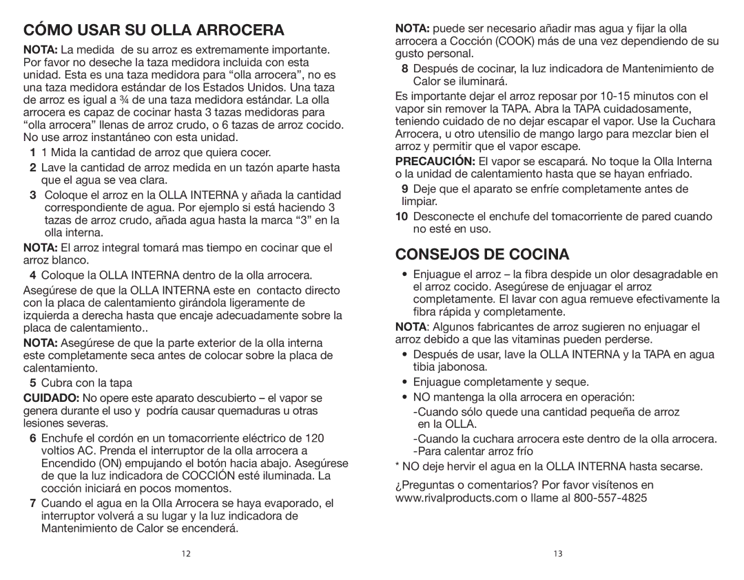 Rival CKRVRCM061, CKRVRCM063 warranty Cómo Usar SU Olla Arrocera, Consejos DE Cocina 