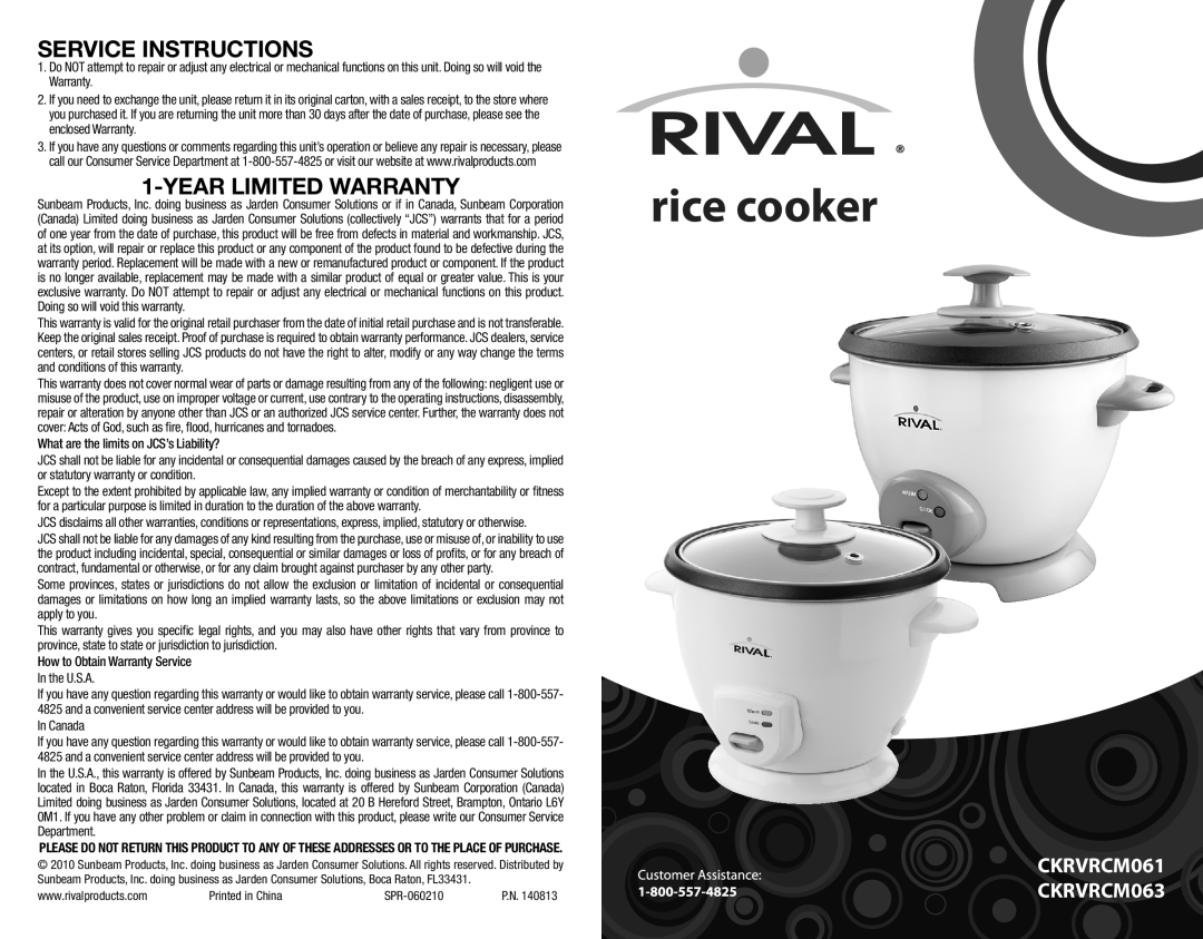 Rival CKRVRCM061 warranty rice cooker, service instructions, Year Limited Warranty, CKRVRCM063 