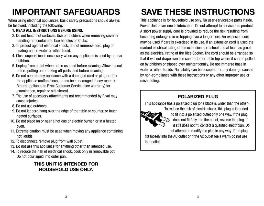 Rival CKRVRCM063, CKRVRCM061 Important Safeguards, Save these instructions, This unit is intended for household use only 