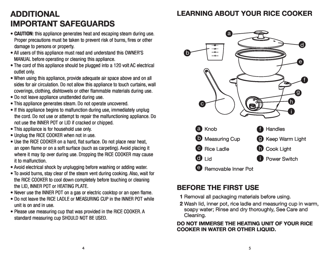 Rival CKRVRCM061 warranty Learning about your Rice Cooker, Before the First Use, d e f g h, additional IMPORTANT SAFEGUARDS 