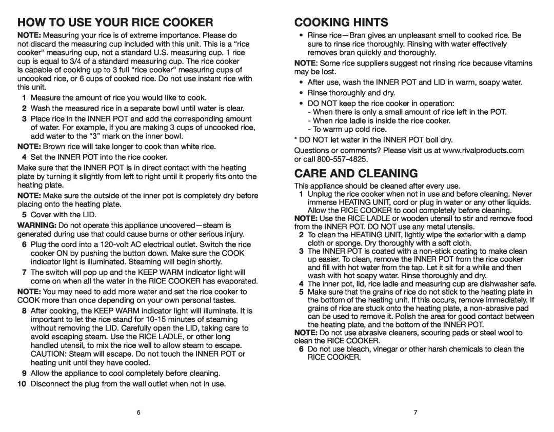 Rival CKRVRCM063, CKRVRCM061 warranty how to use your rice cooker, cooking HINTS, Care and Cleaning 