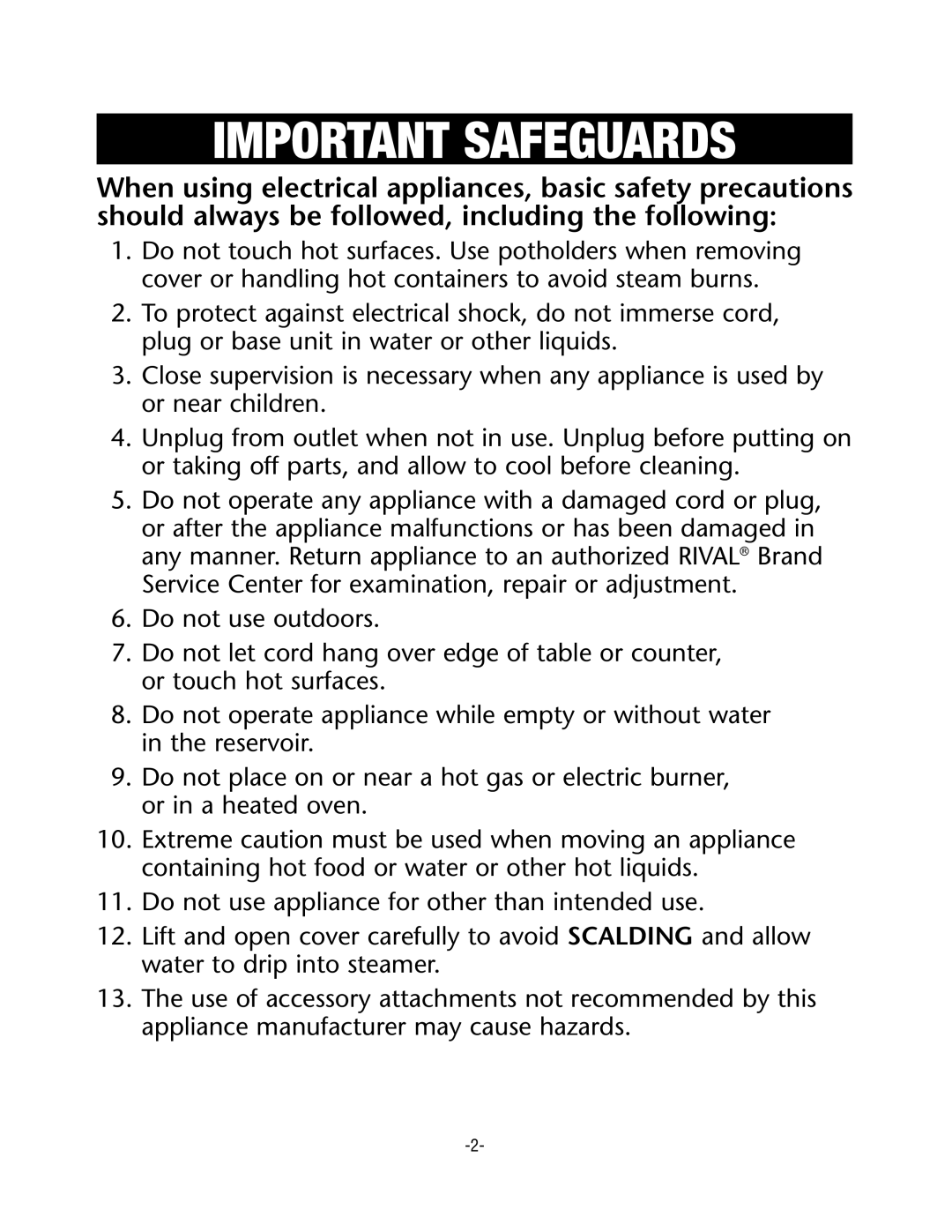 Rival CKRVSTLM20 manual Important Safeguards 