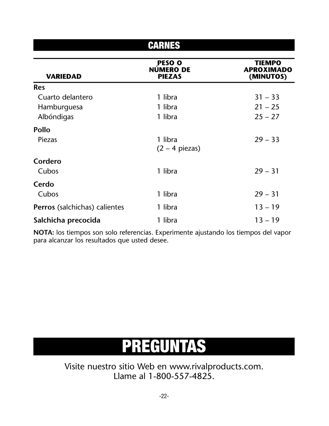 Rival CKRVSTLM20 manual Preguntas, Carnes 