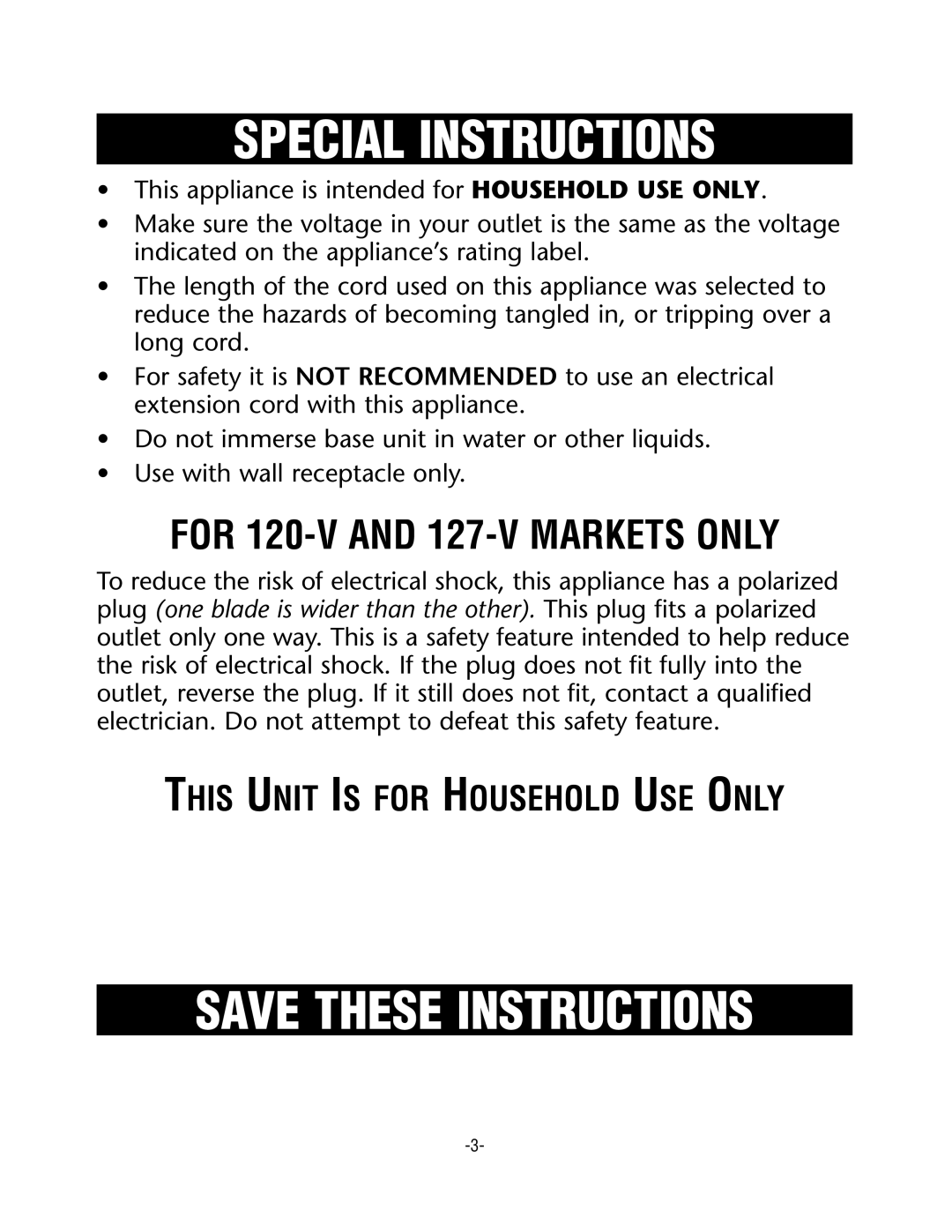 Rival CKRVSTLM20 manual Special Instructions, For 120-V and 127-V Markets only 