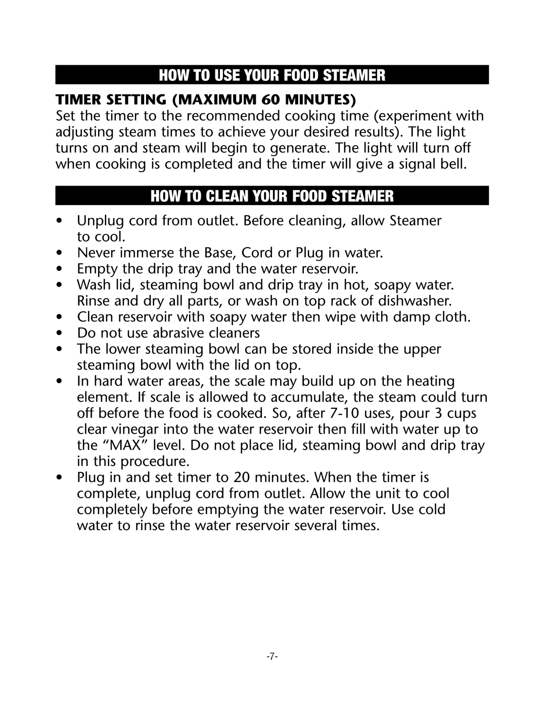 Rival CKRVSTLM20 manual HOW to Clean Your Food Steamer, Timer Setting Maximum 60 Minutes 