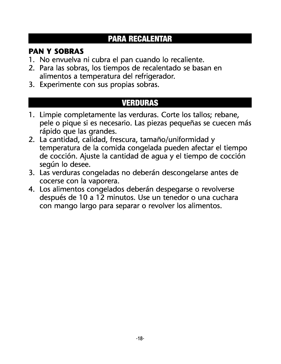 Rival CKRVSTLM20 manual Para Recalentar, Verduras, Pan Y Sobras 