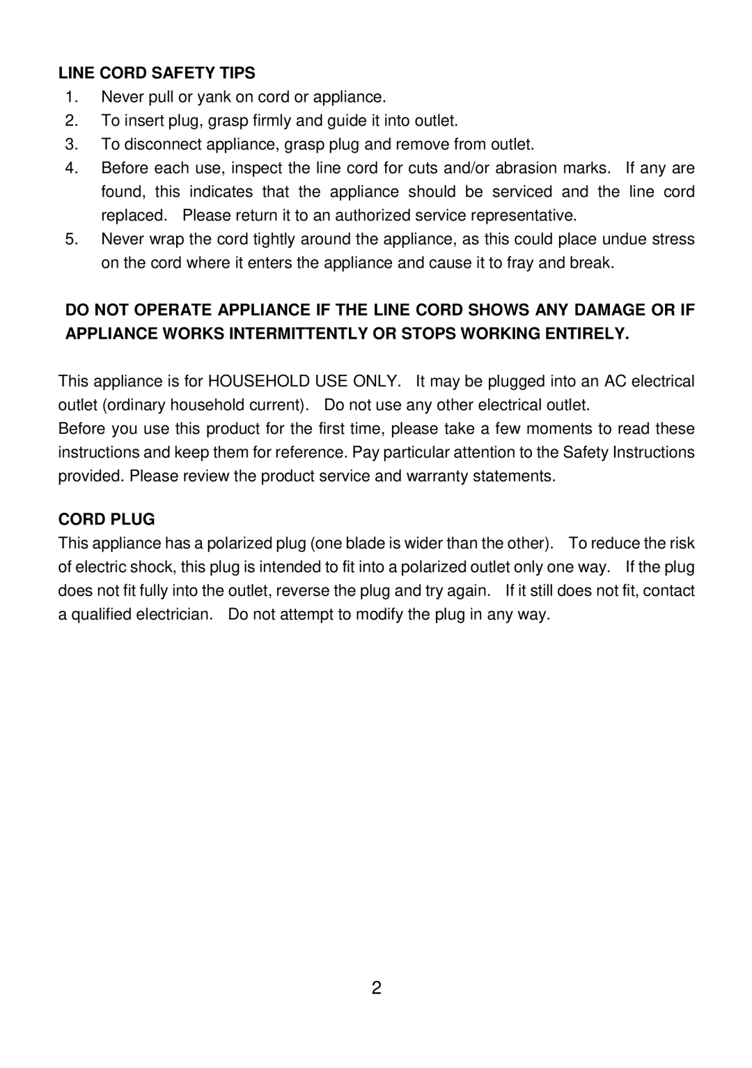 Rival CN-707 manual Line Cord Safety Tips, Cord Plug 