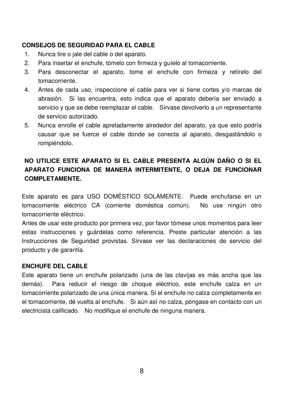 Rival CN-707 manual Consejos DE Seguridad Para EL Cable, Enchufe DEL Cable 