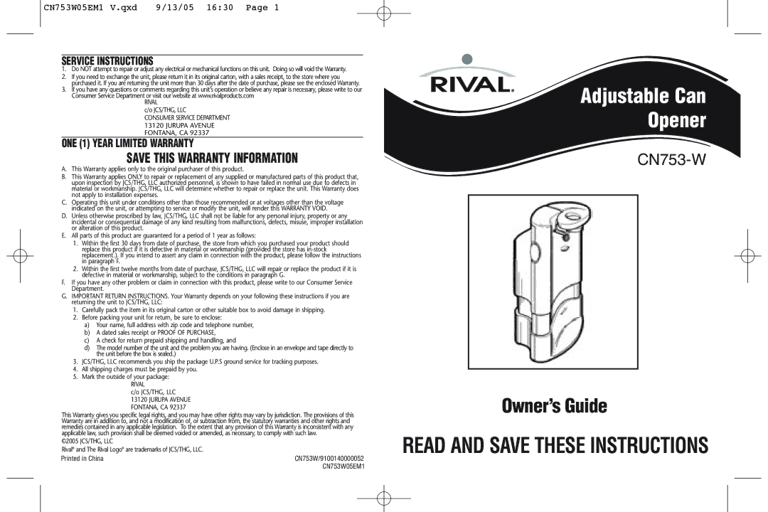 Rival CN753-W warranty Service Instructions, ONE 1 Year Limited Warranty 